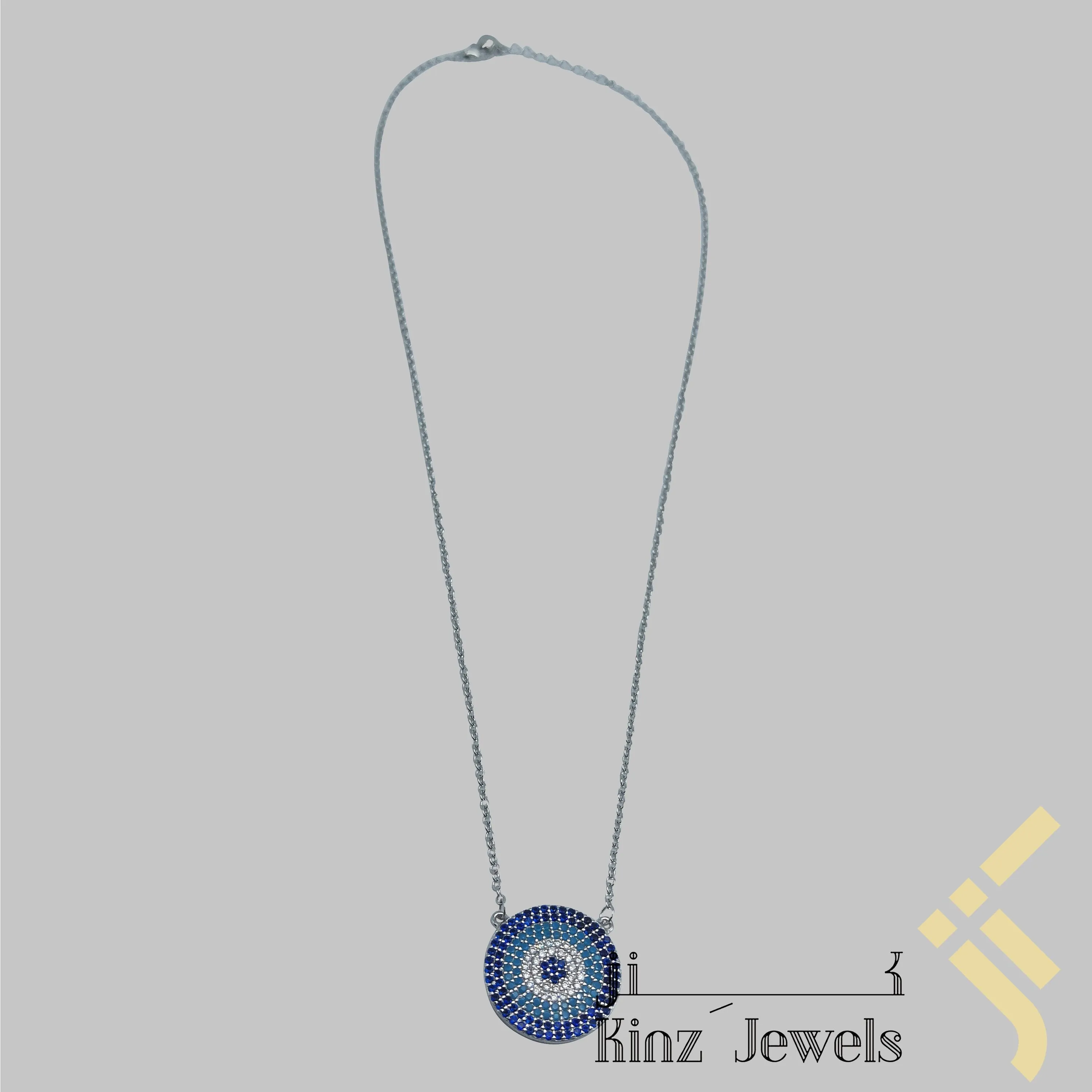 Sterling Silver Blue Evil Eye Zircon Dark Blue, Turquoise, White Necklace