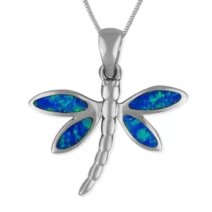 Sterling Silver Synthetic Blue Opal Dragonfly Pendant Necklace, 16 2" Extender