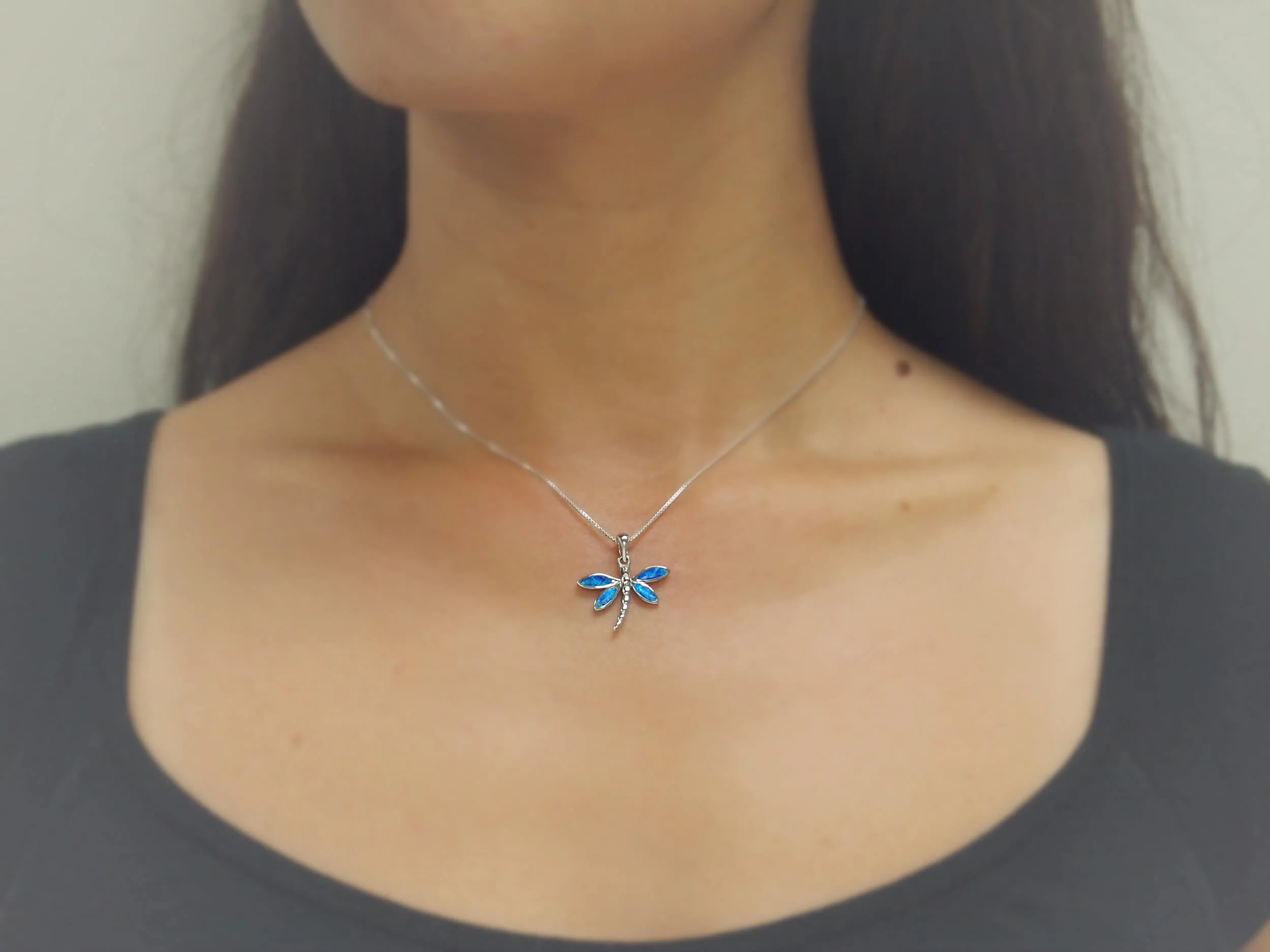 Sterling Silver Synthetic Blue Opal Dragonfly Pendant Necklace, 16 2" Extender