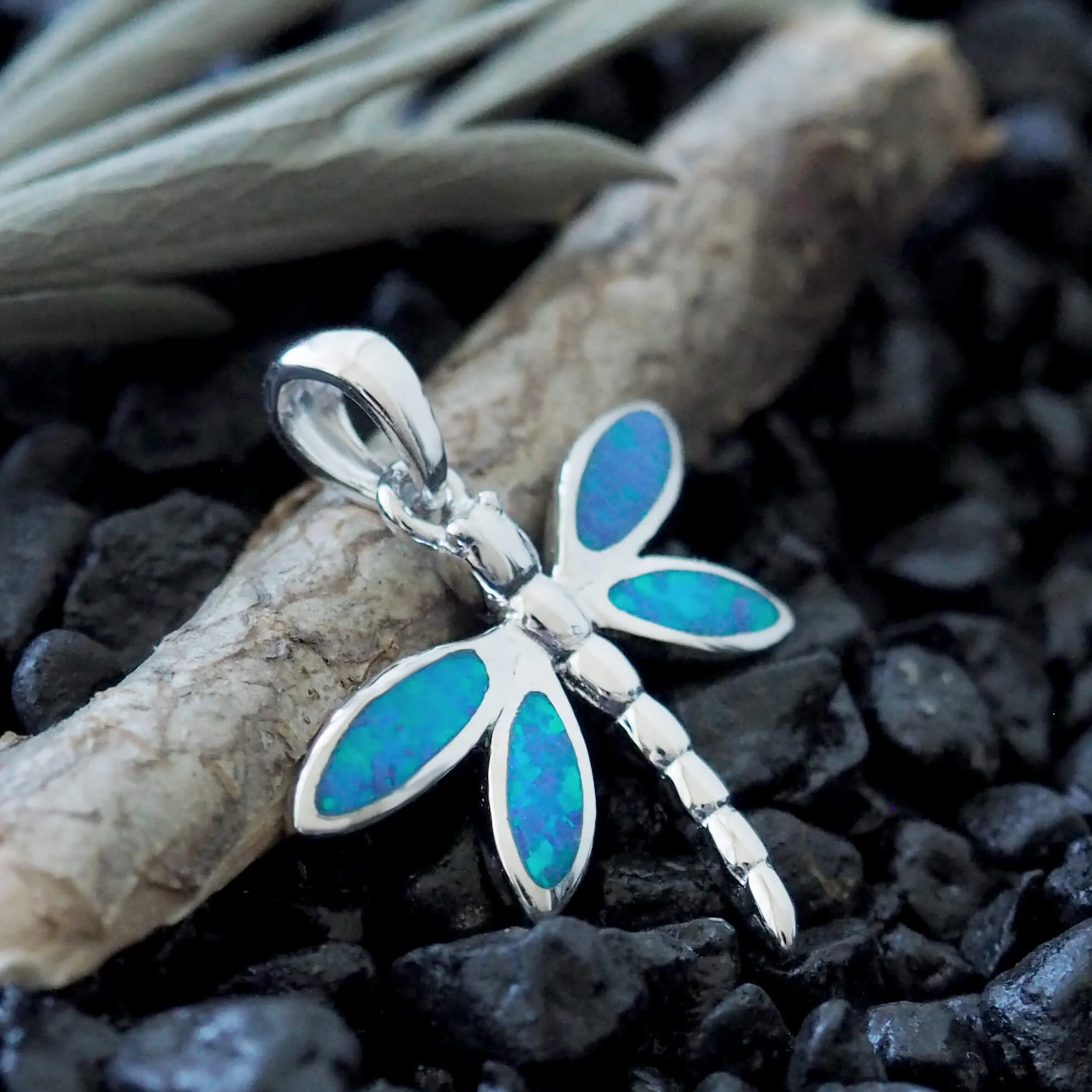 Sterling Silver Synthetic Blue Opal Dragonfly Pendant Necklace, 16 2" Extender