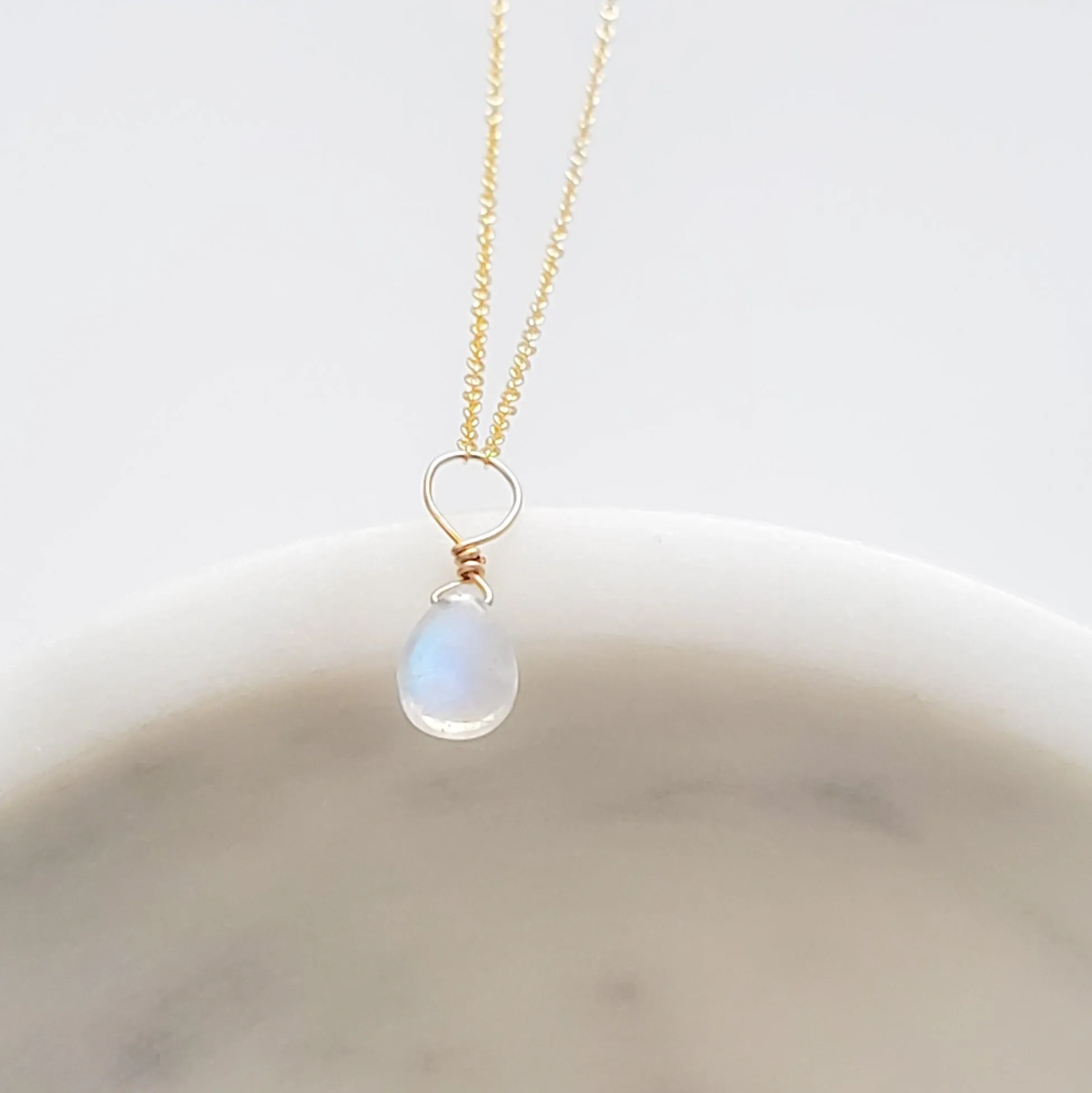 Tiny Rainbow Moonstone Drop Necklace