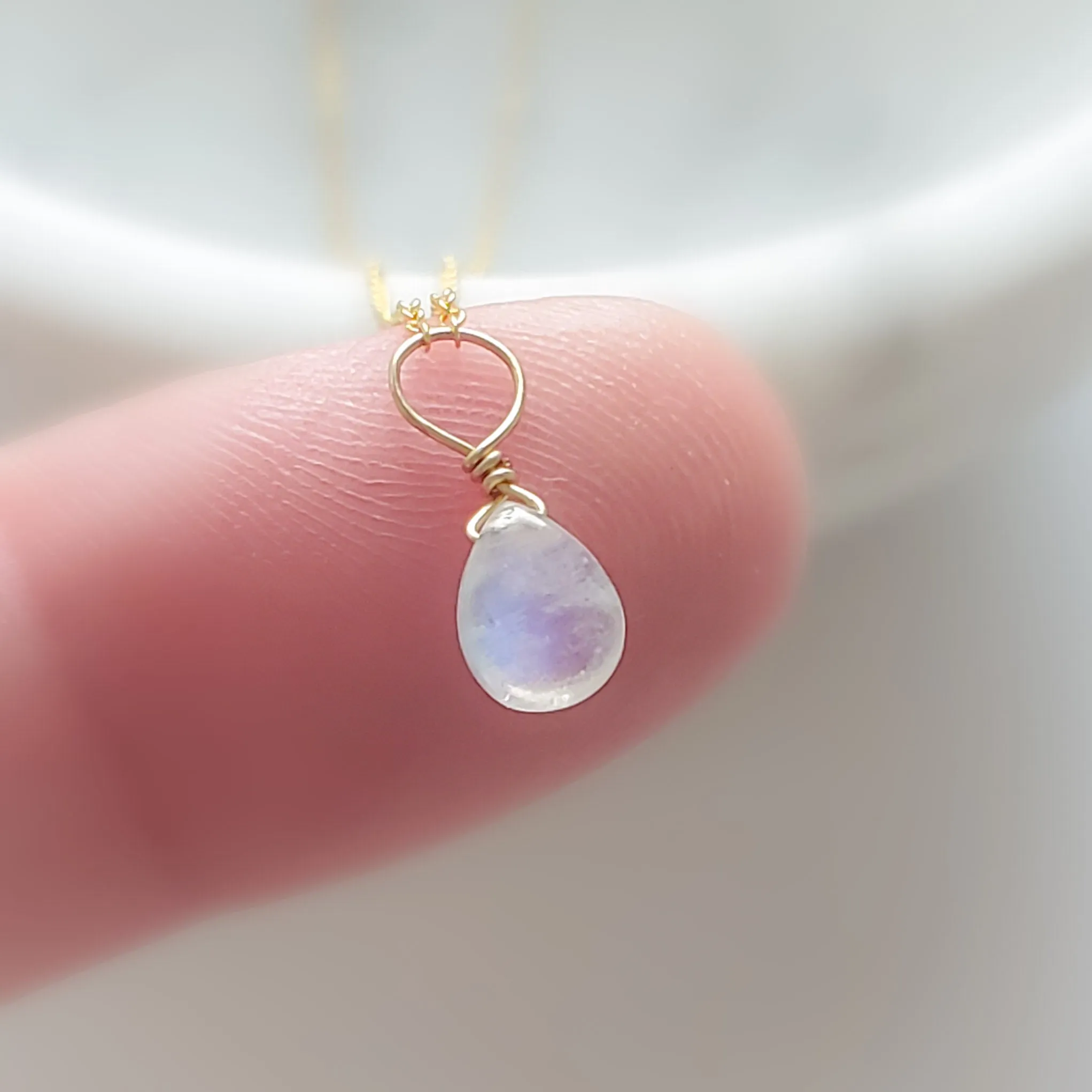 Tiny Rainbow Moonstone Drop Necklace