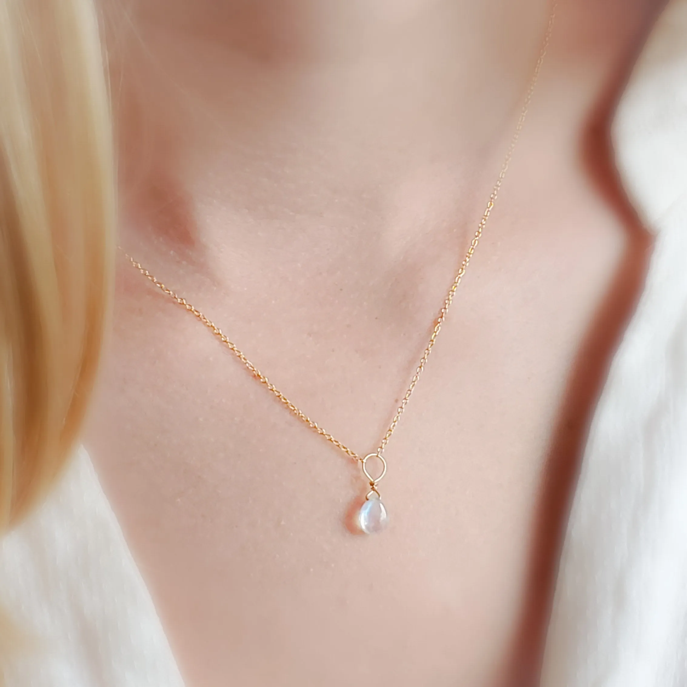 Tiny Rainbow Moonstone Drop Necklace