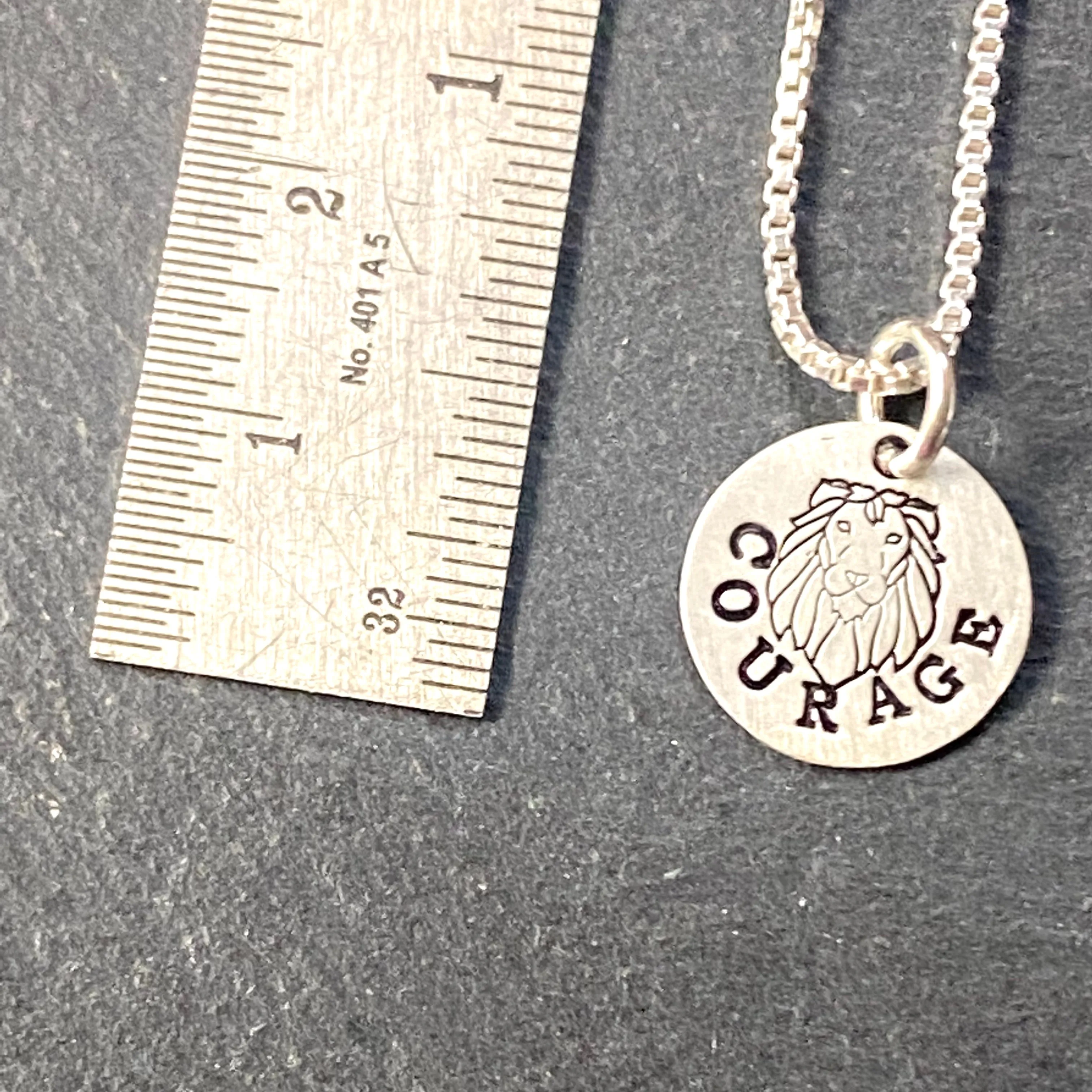 Tiny sterling silver Courage necklace with hand stamped lion