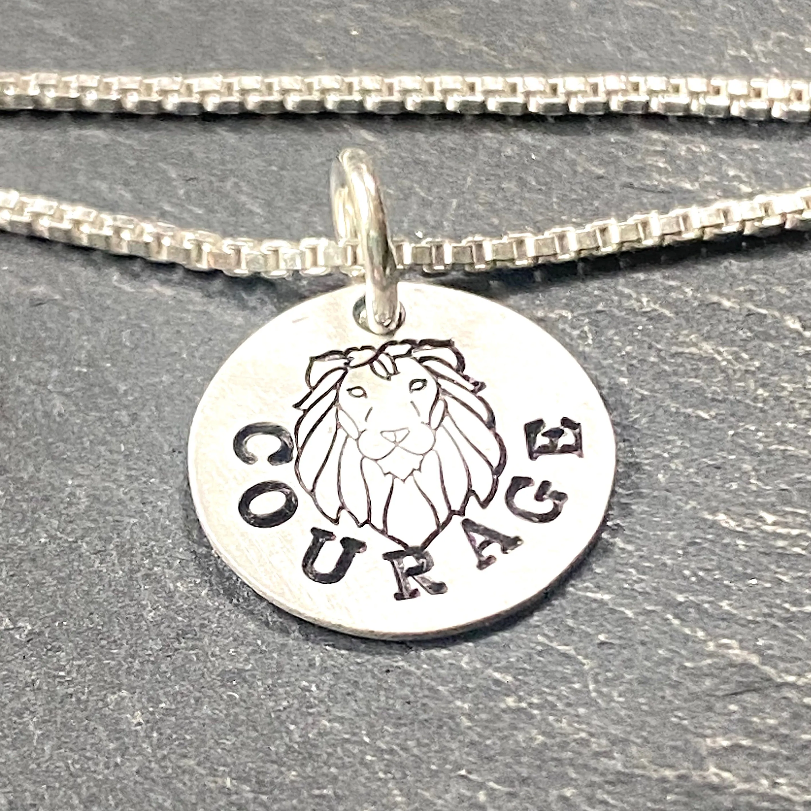 Tiny sterling silver Courage necklace with hand stamped lion