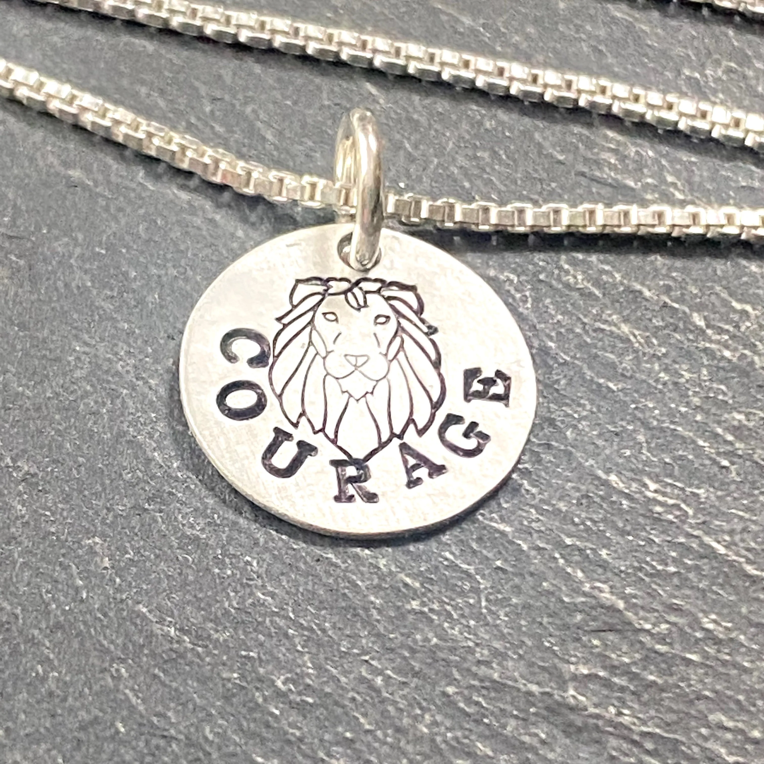 Tiny sterling silver Courage necklace with hand stamped lion