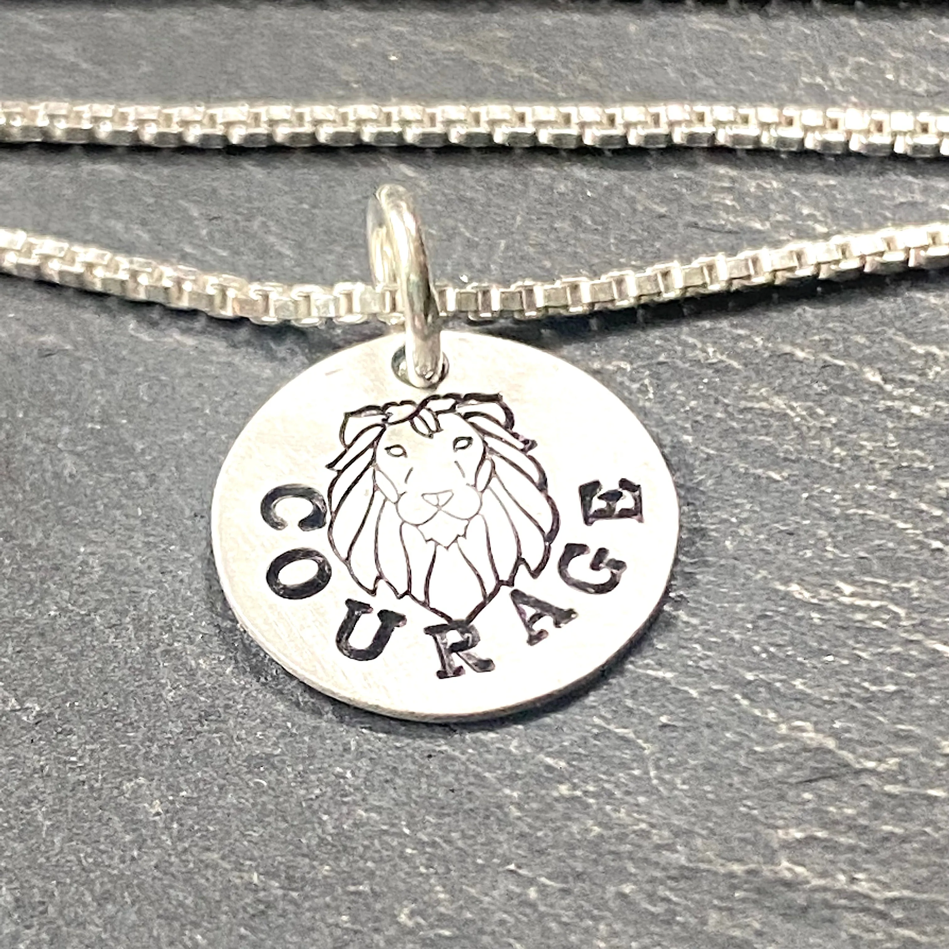 Tiny sterling silver Courage necklace with hand stamped lion