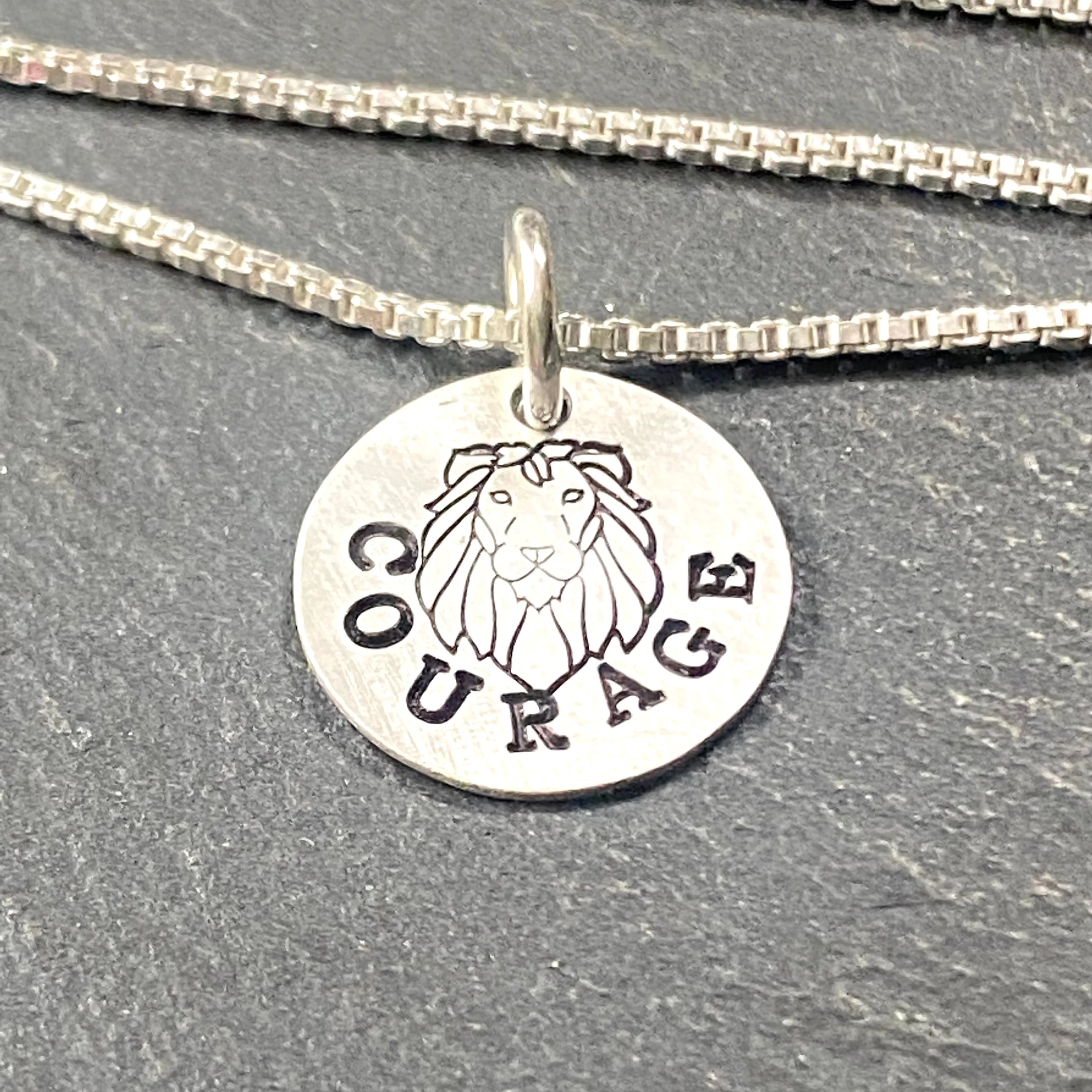 Tiny sterling silver Courage necklace with hand stamped lion