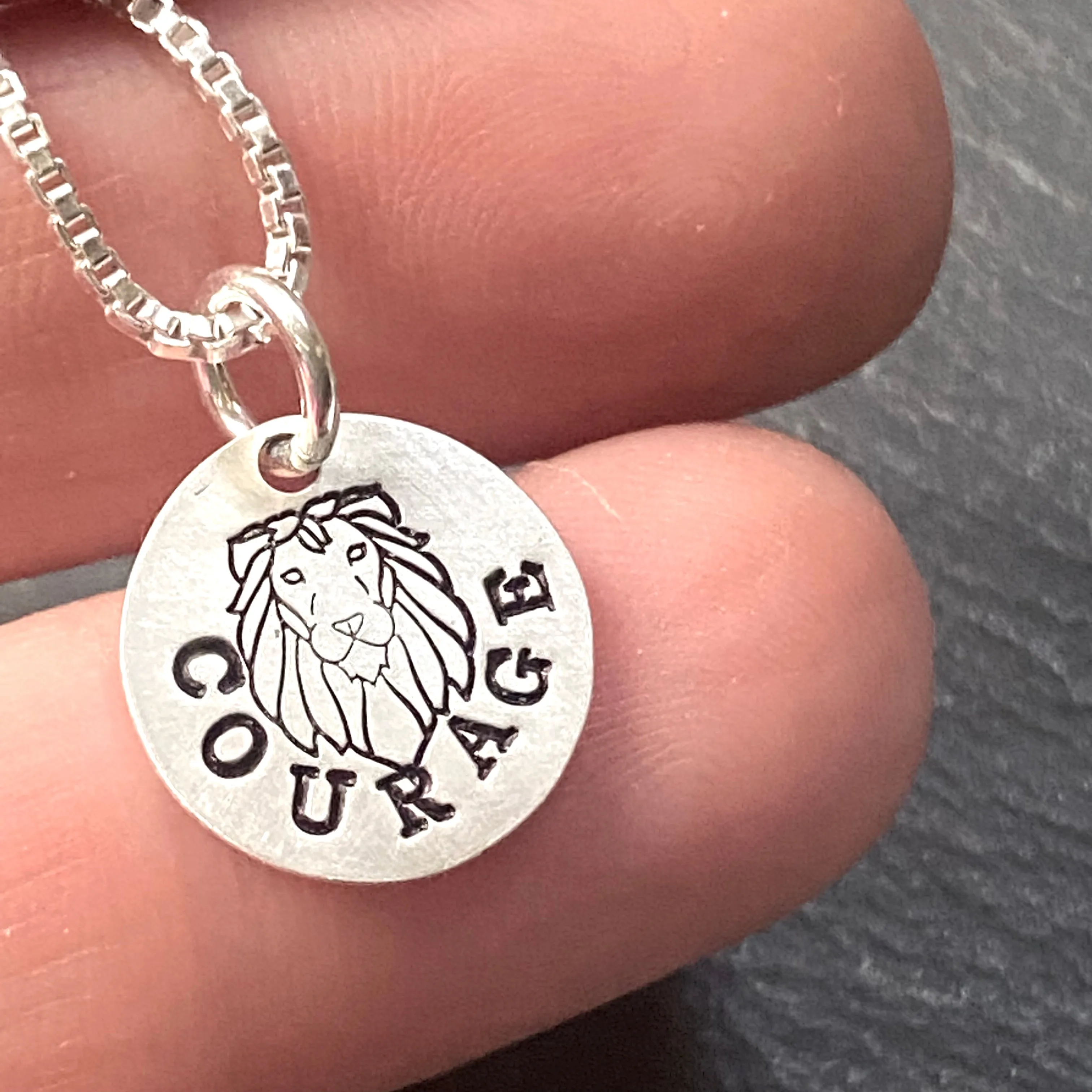 Tiny sterling silver Courage necklace with hand stamped lion