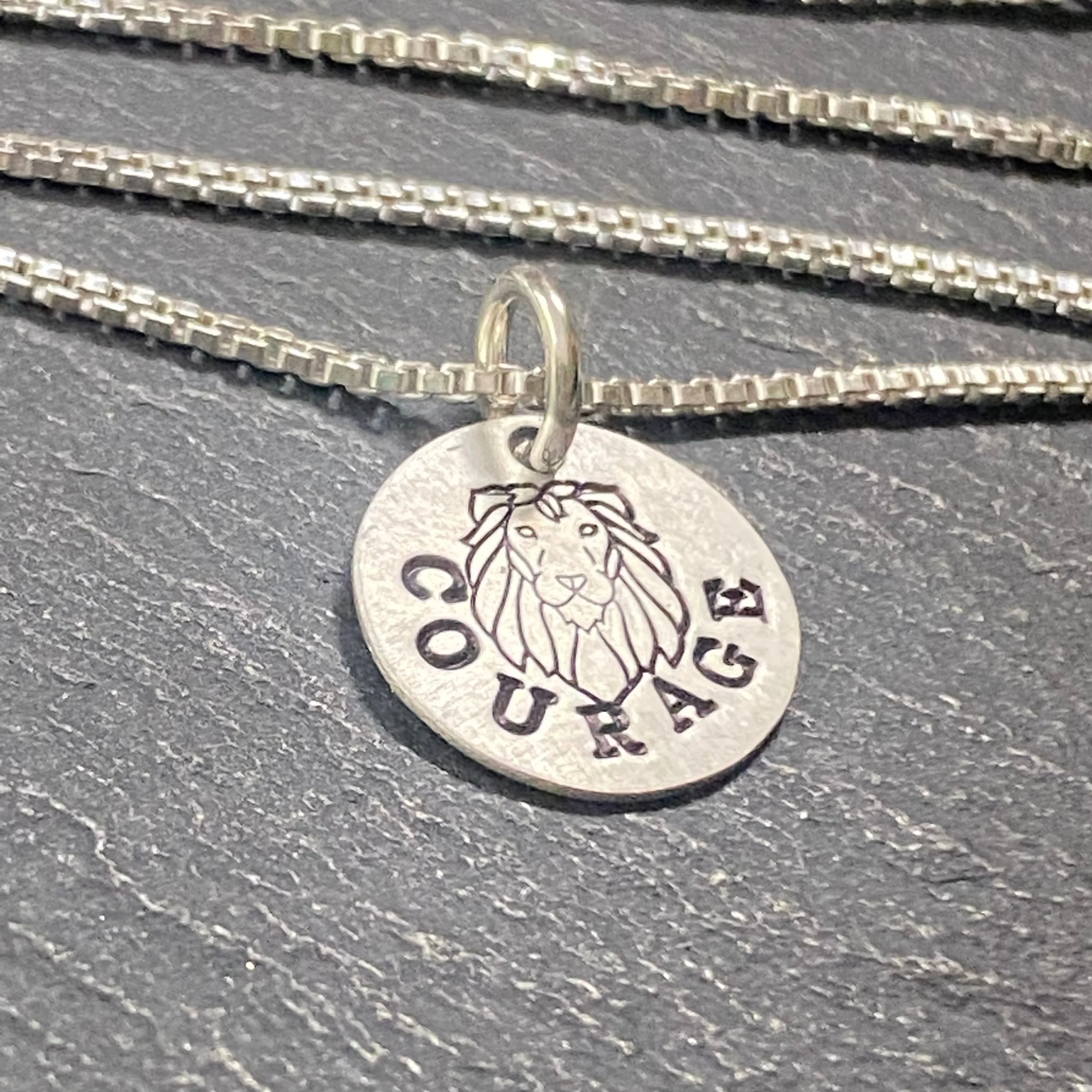 Tiny sterling silver Courage necklace with hand stamped lion