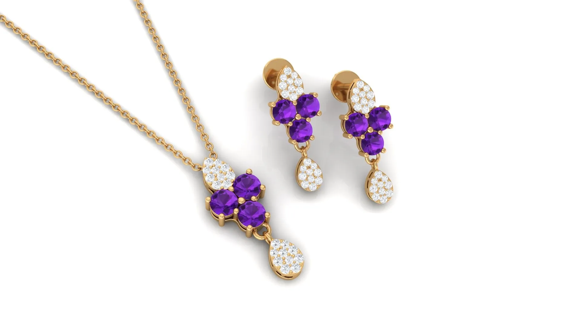 Unique Amethyst and Diamond Dangle Pendant Earrings Set