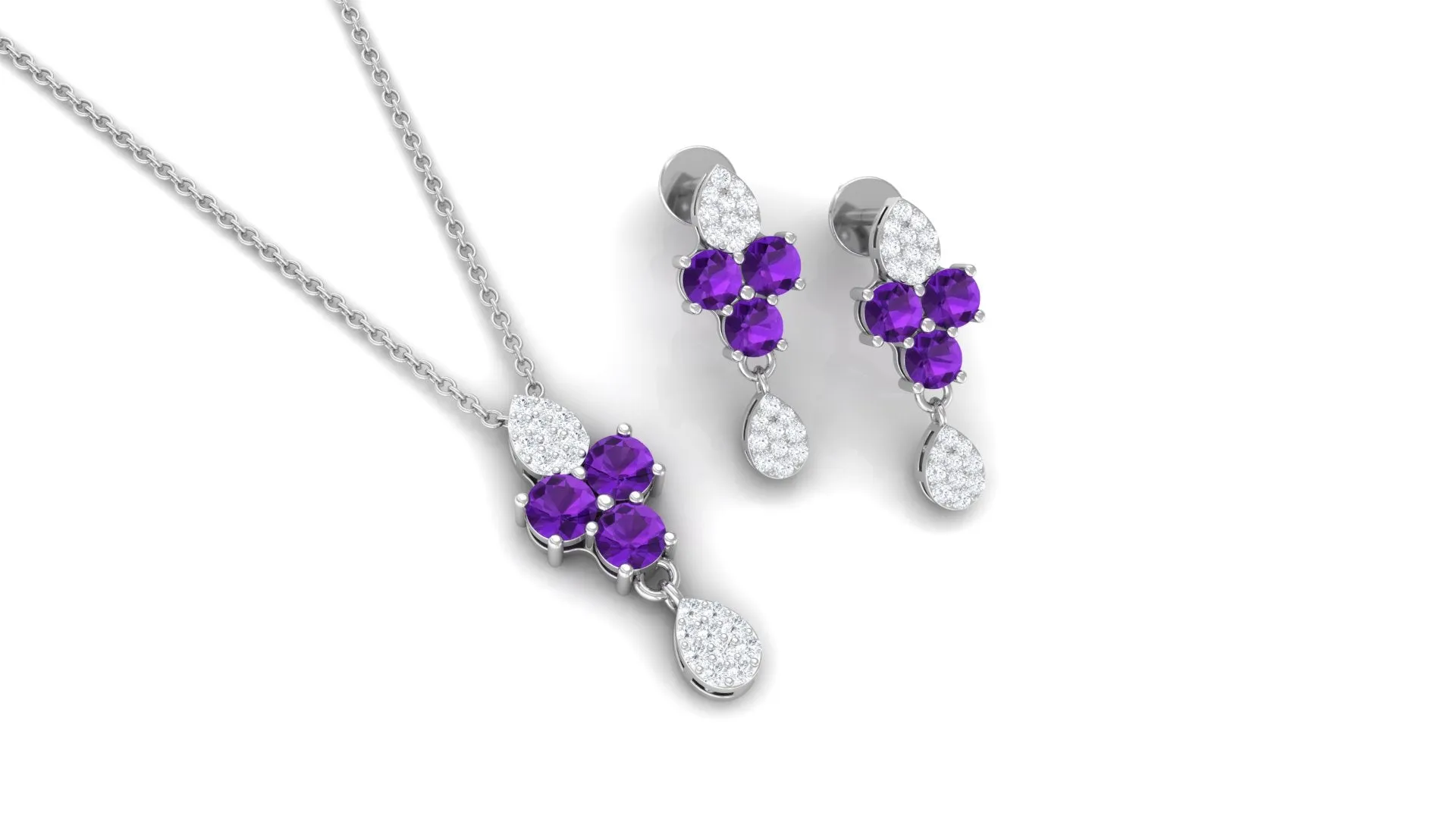 Unique Amethyst and Diamond Dangle Pendant Earrings Set