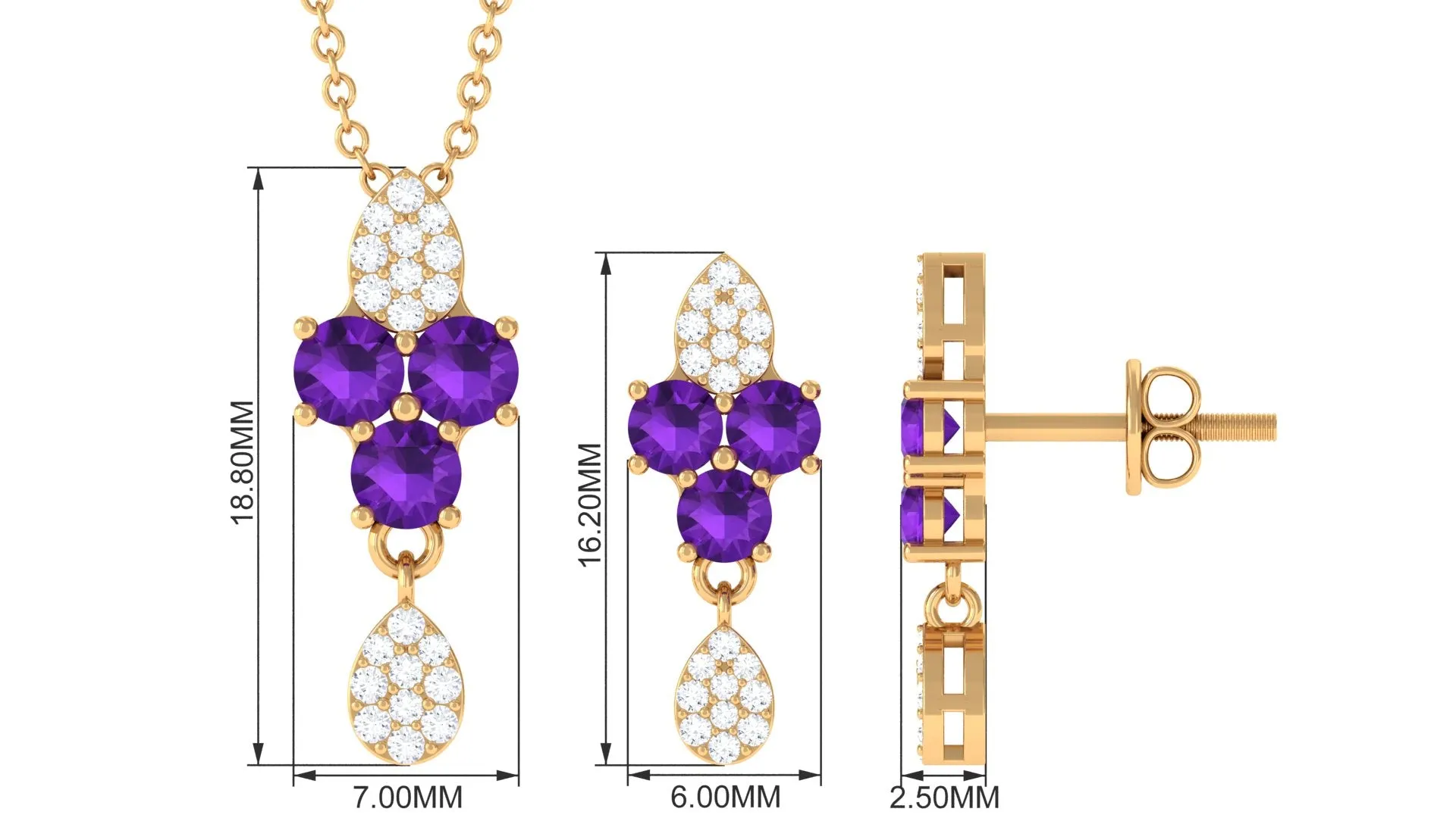 Unique Amethyst and Diamond Dangle Pendant Earrings Set