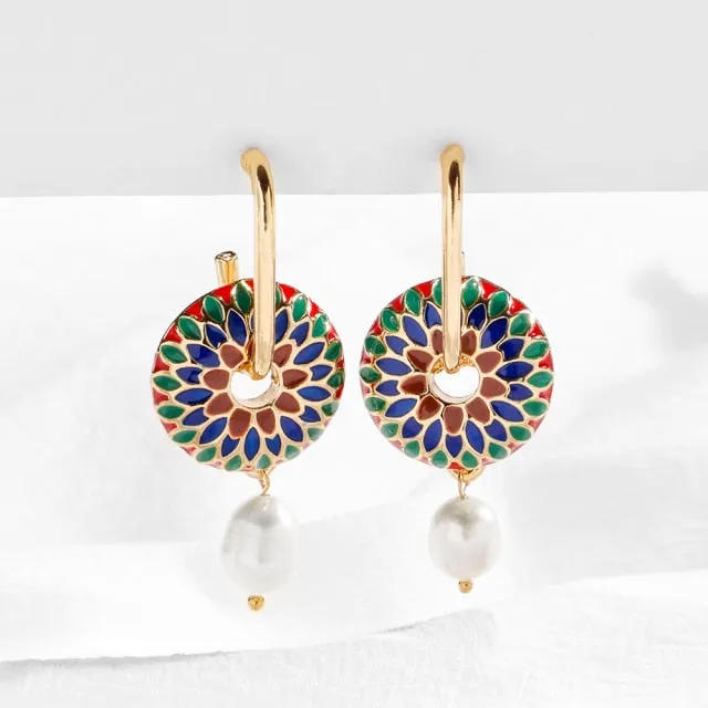 Vintage Circle Geometric Flower Drop Earrings