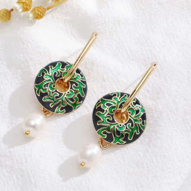 Vintage Circle Geometric Flower Drop Earrings