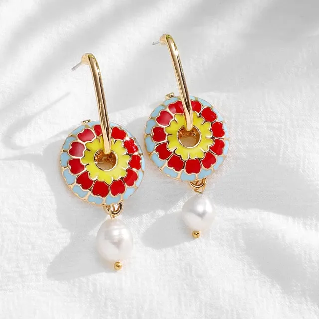 Vintage Circle Geometric Flower Drop Earrings