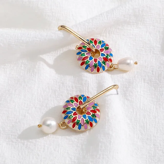 Vintage Circle Geometric Flower Drop Earrings