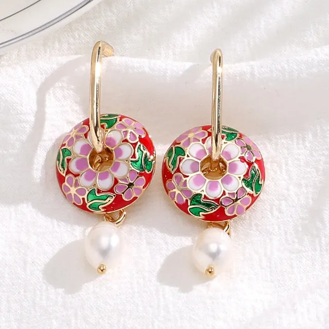 Vintage Circle Geometric Flower Drop Earrings