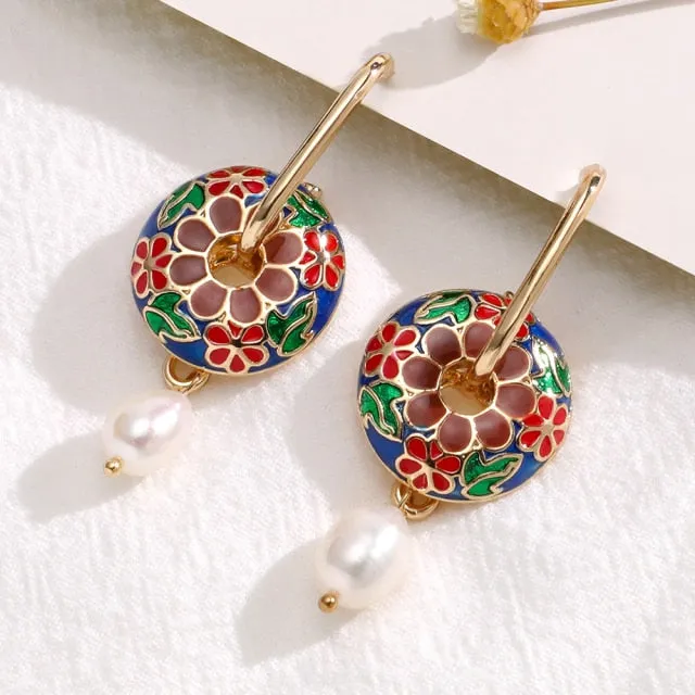 Vintage Circle Geometric Flower Drop Earrings