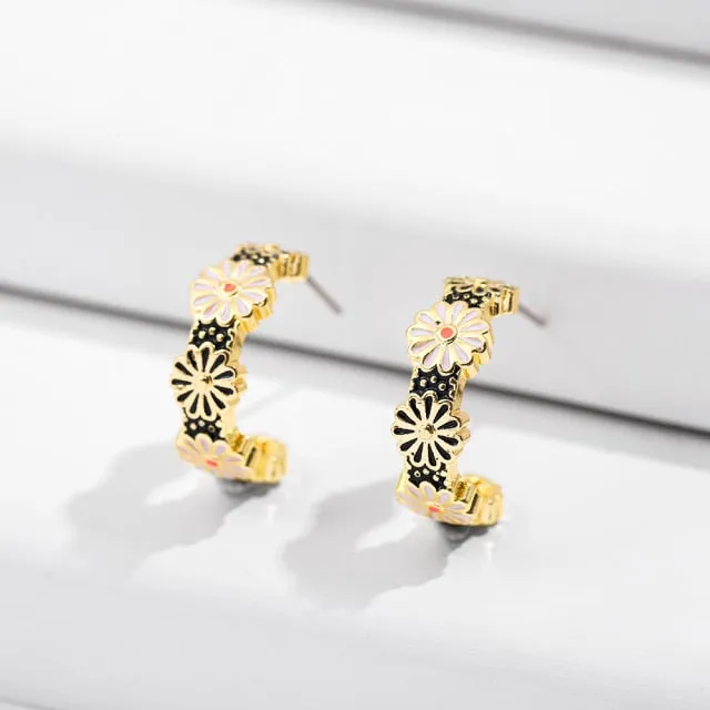 Vintage Circle Geometric Flower Drop Earrings