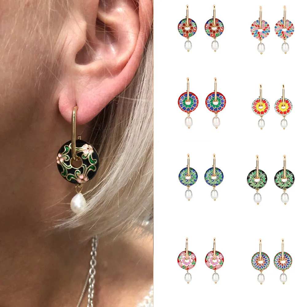 Vintage Circle Geometric Flower Drop Earrings