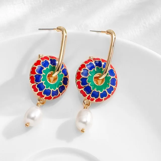 Vintage Circle Geometric Flower Drop Earrings