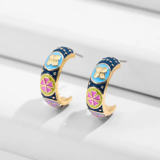 Vintage Circle Geometric Flower Drop Earrings