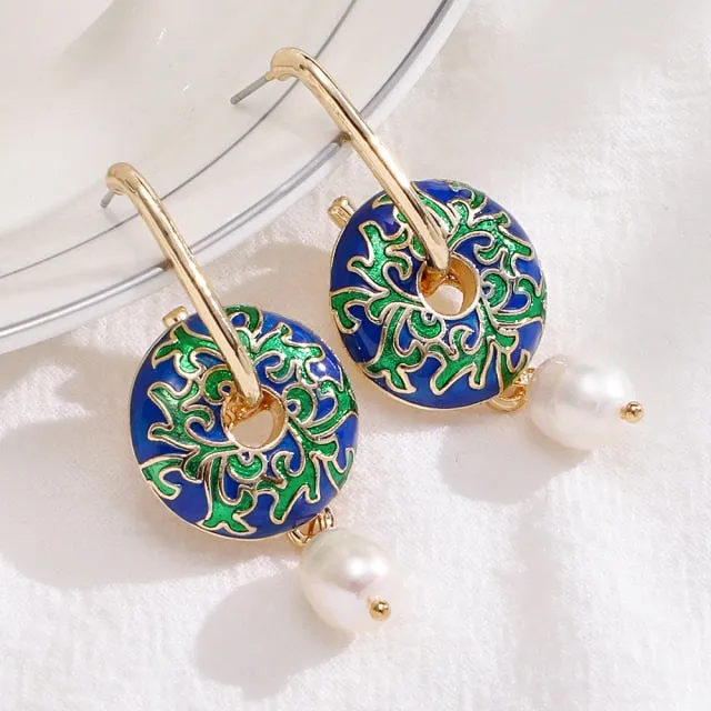 Vintage Circle Geometric Flower Drop Earrings