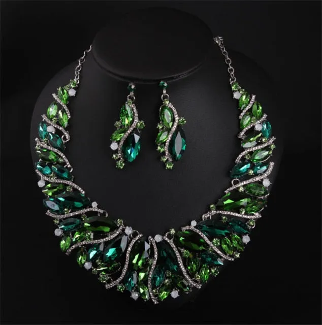 Vintage Retro Statement Crystal Jewelry Set-Necklace and Earrings