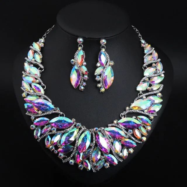 Vintage Retro Statement Crystal Jewelry Set-Necklace and Earrings