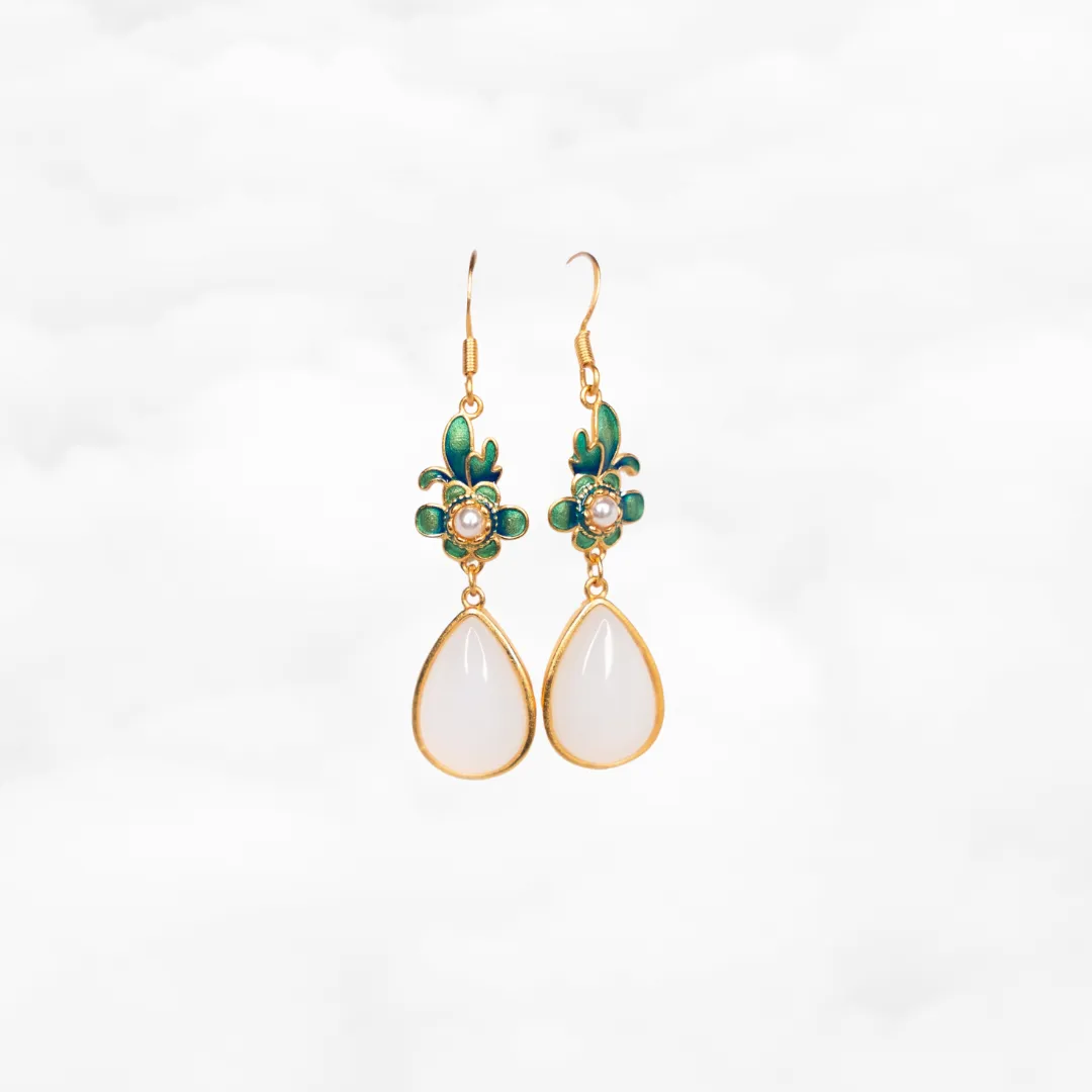 White Jade Enamel Orchid Flower Earrings