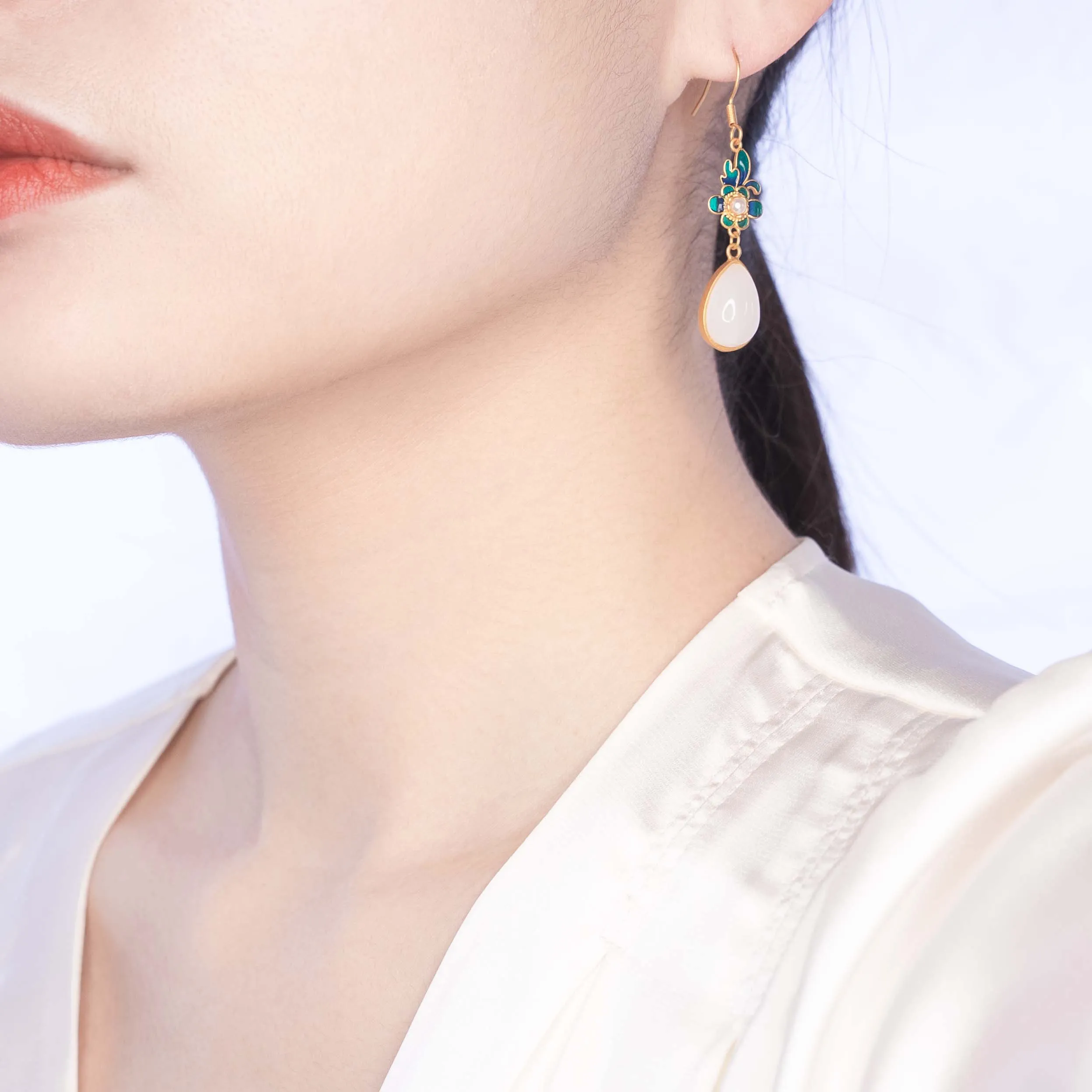 White Jade Enamel Orchid Flower Earrings