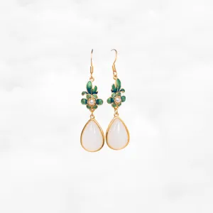 White Jade Enamel Orchid Flower Earrings