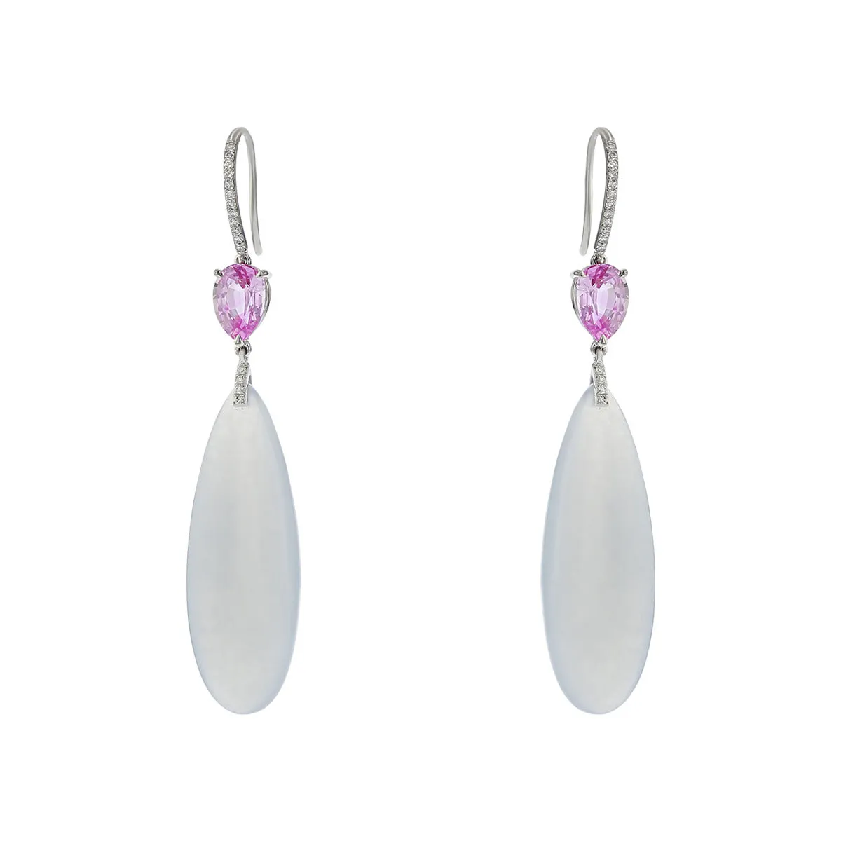 White Jade, Pink Sapphire and Diamond Drop Earrings