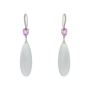White Jade, Pink Sapphire and Diamond Drop Earrings