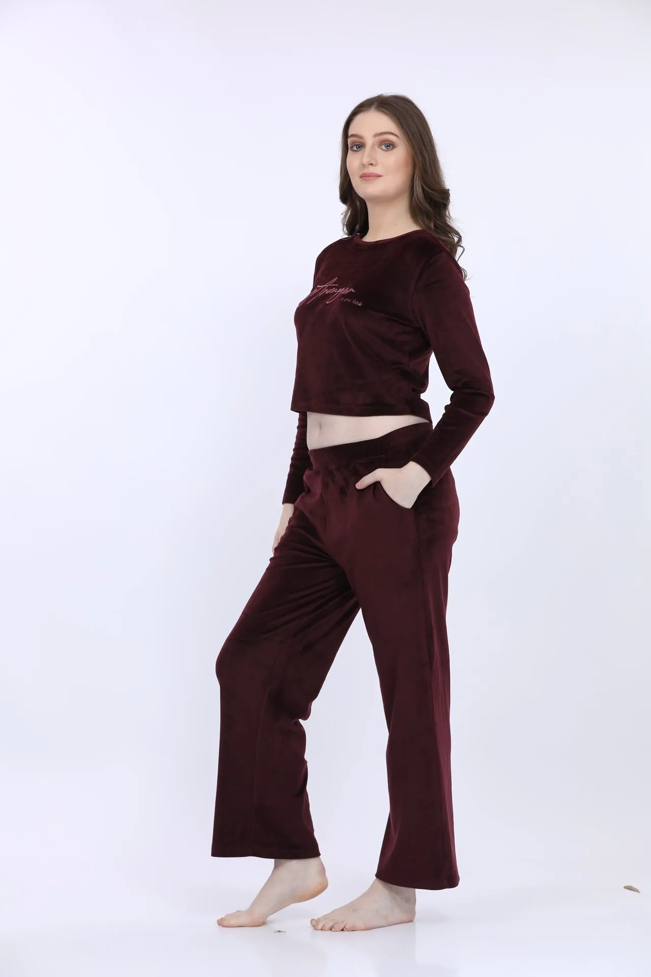 Wine Velour Full Sleeve Tracksuit