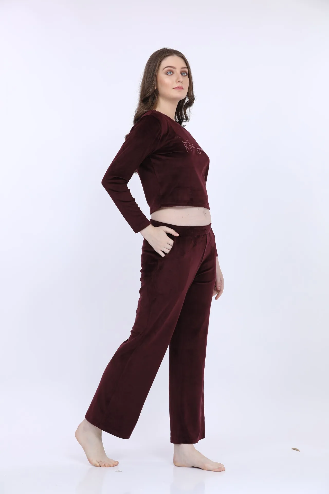 Wine Velour Full Sleeve Tracksuit