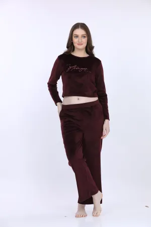 Wine Velour Full Sleeve Tracksuit