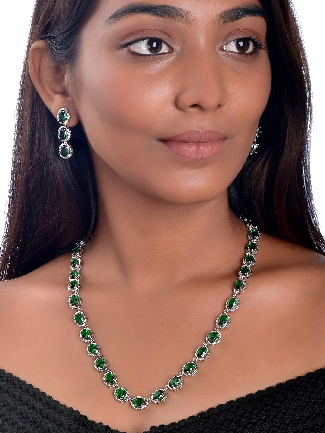 Yellow Chimes Jewellery Set for Women Rhodium-Plated Emerald Green Real Cubic Zircon Necklace Set Classic CZ Jewellery Set for Women and Girls.