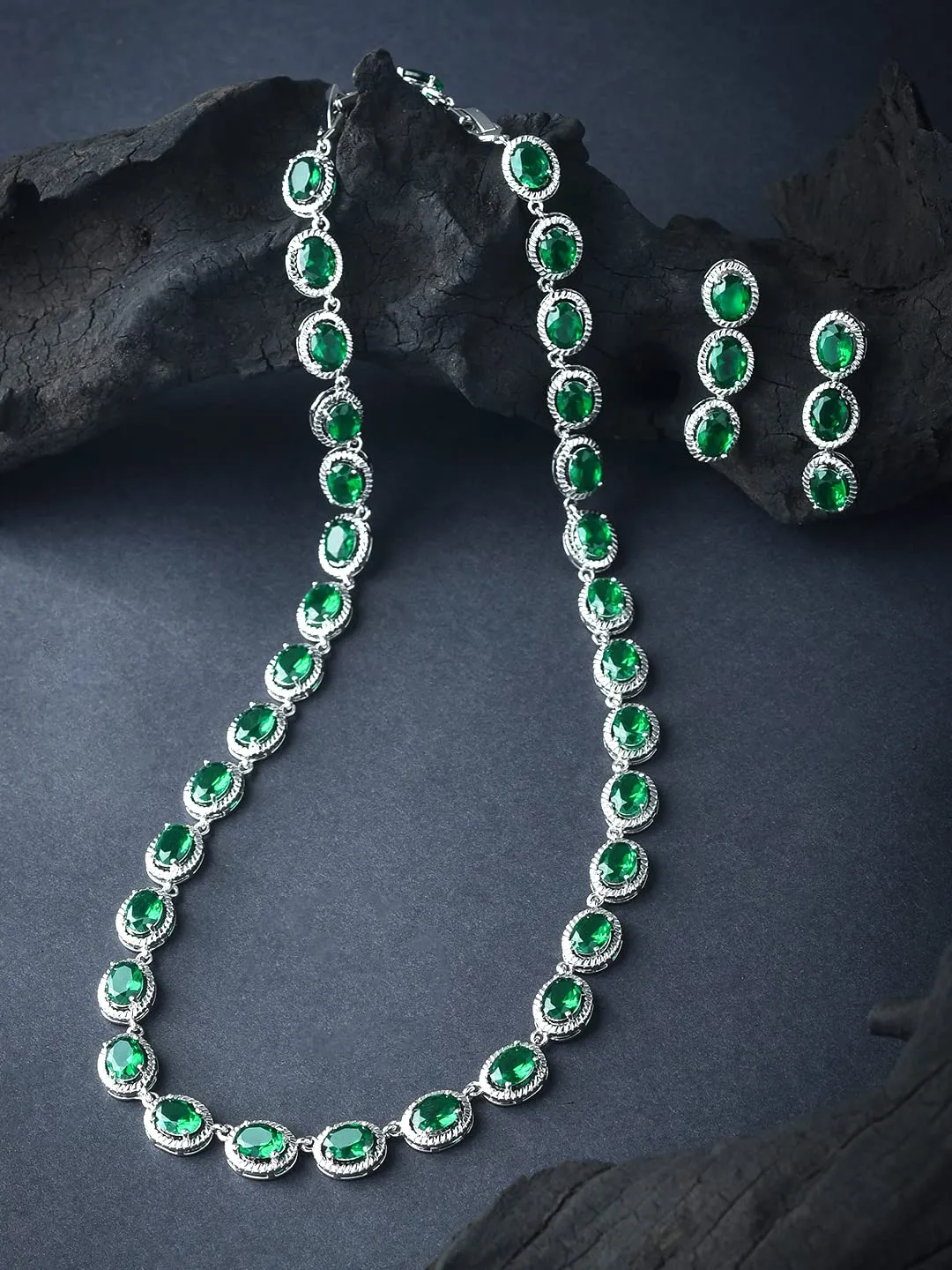 Yellow Chimes Jewellery Set for Women Rhodium-Plated Emerald Green Real Cubic Zircon Necklace Set Classic CZ Jewellery Set for Women and Girls.